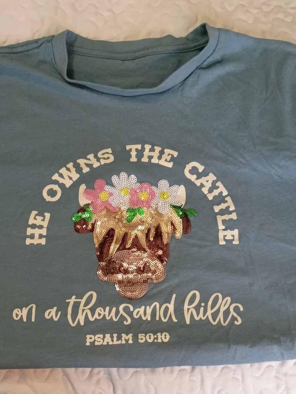Women's XL Blue Graphic Sequin Cow Tee - Psalm 50:10